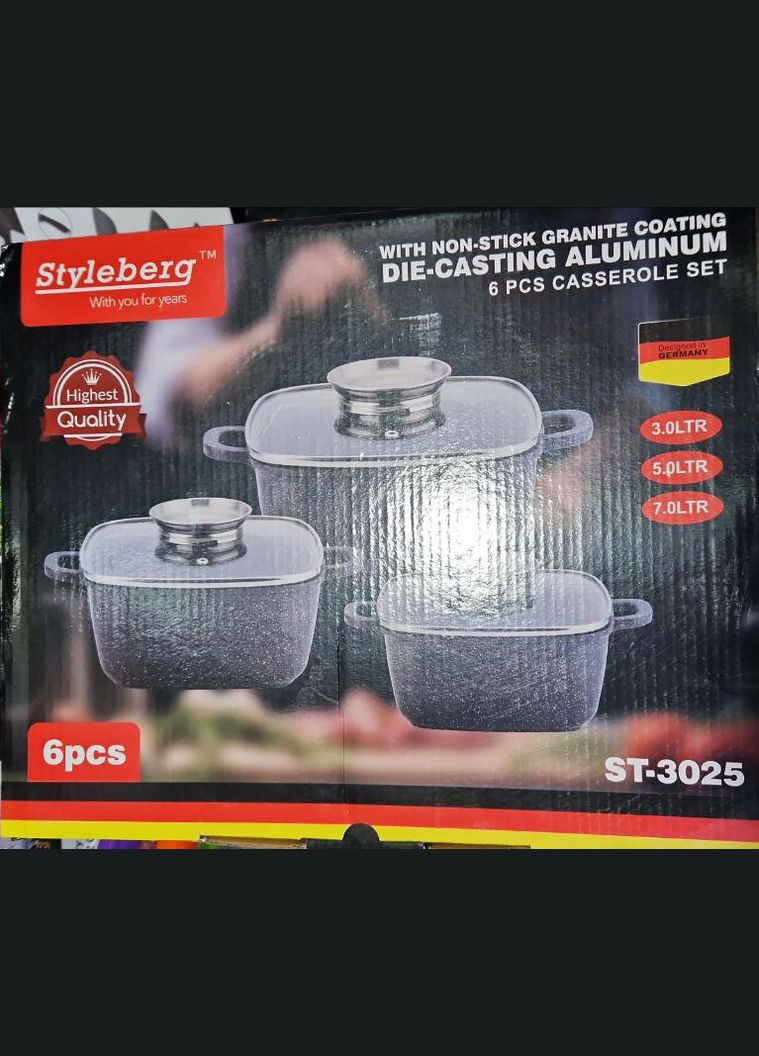 Набір каструль Styleberg ST-3025 6 предметів з кришками з мармуровим покриттям Чорний No Brand (317185911)