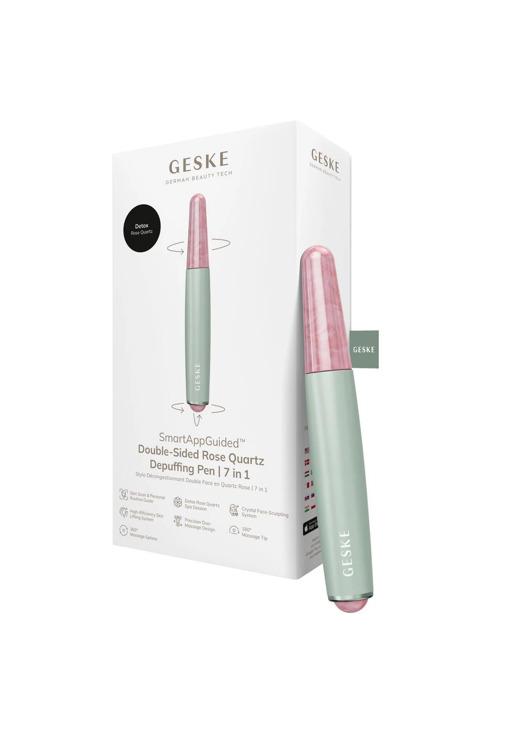 Ручка-масажер для обличчя з рожевим кварцом SmartAppGuided Double-Sided Rose Quartz Depuffing Pen 7в1 green GESKE (386418329)