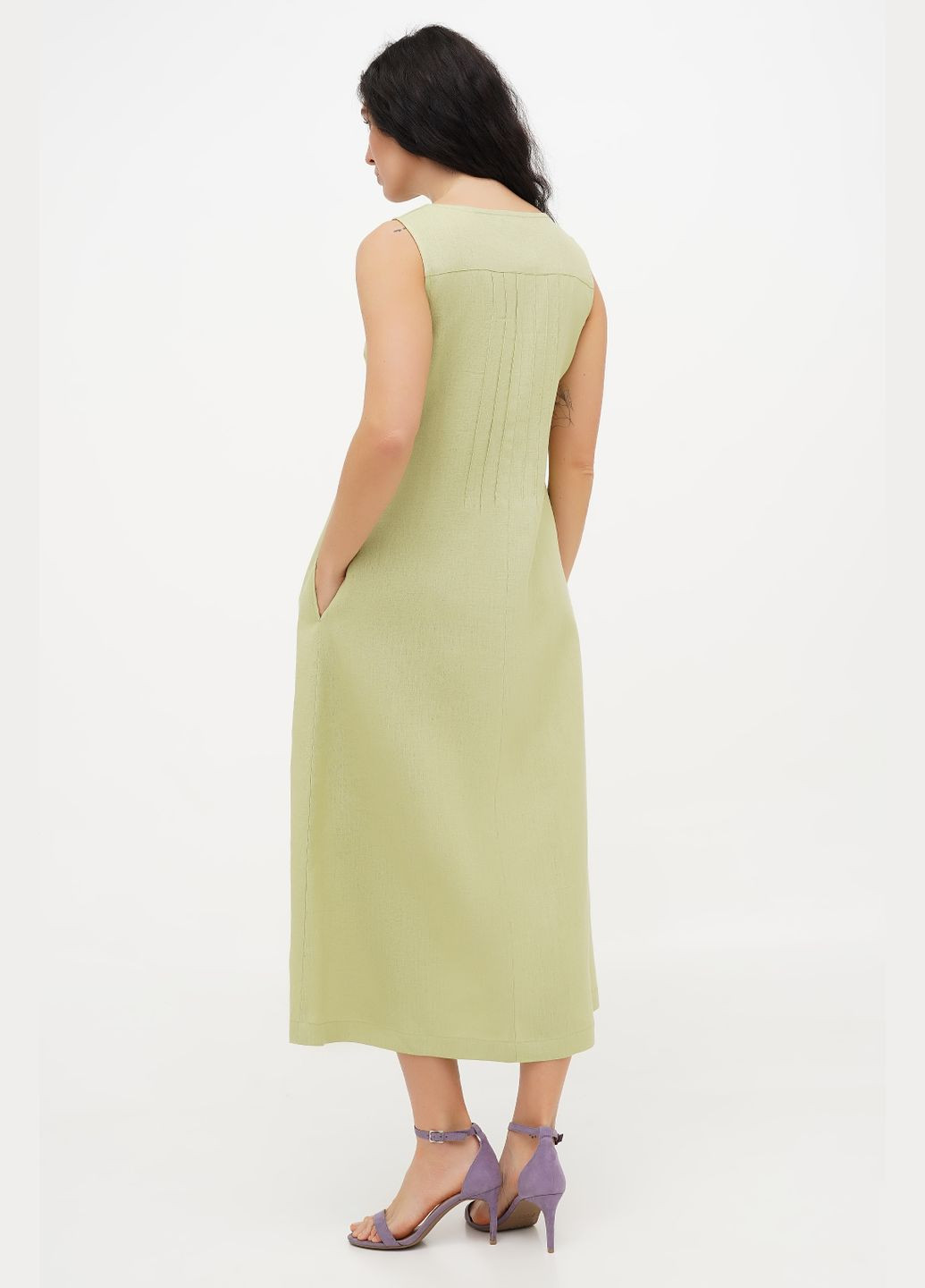 Зеленое льняное длинное вышитое платье с карманами нея, цветочная вышивка. зеленый, р.54, код 0415/54/1642 ГАЛЕРЕЯ ЛЬОНУ