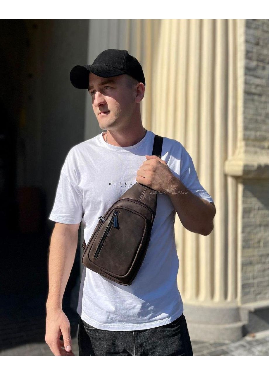 Чоловічий слінг зі шкіри крейзі хорс в коричневому кольорі 6349 No Brand (372793005)