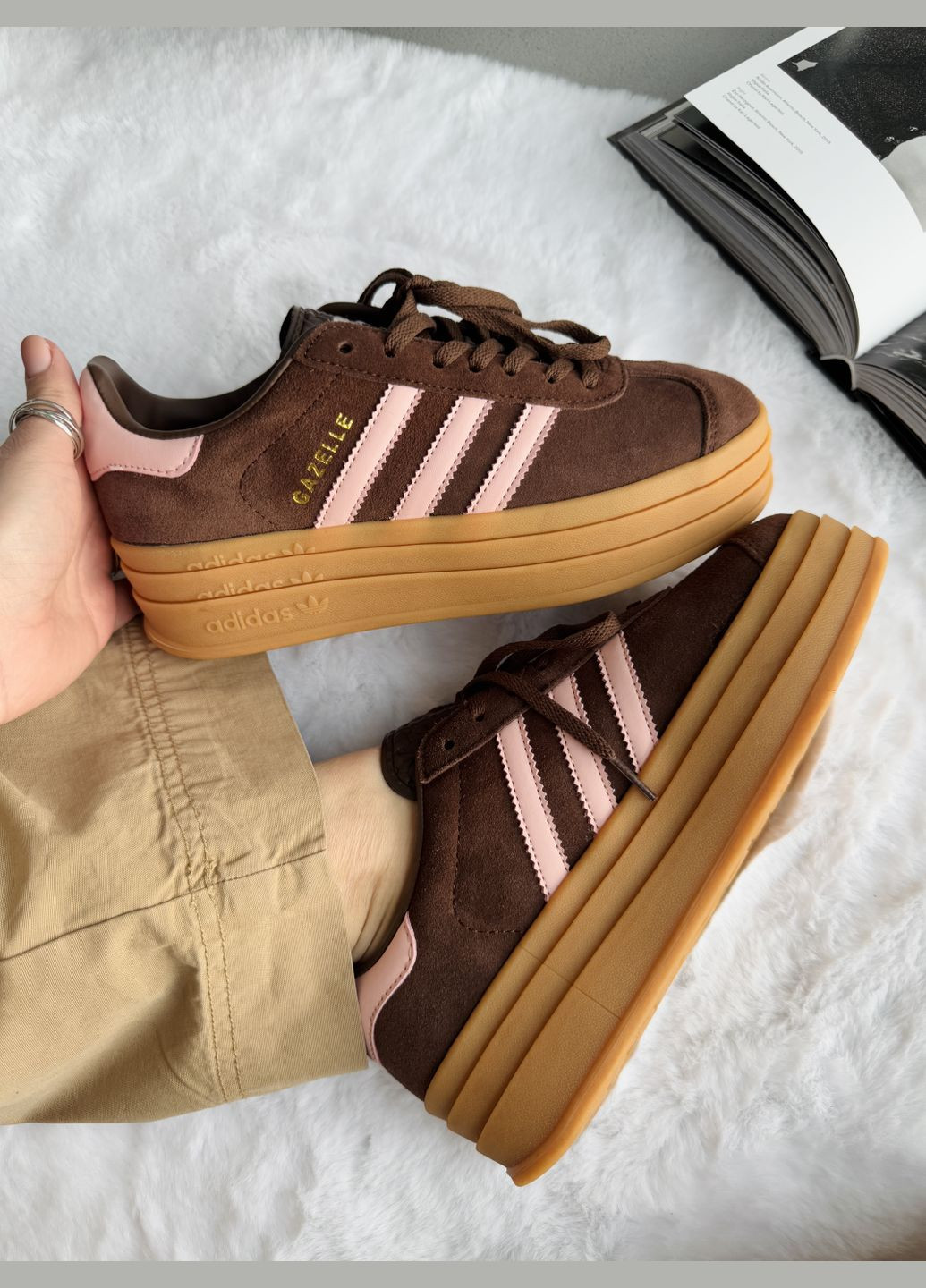 Кроссовки женские Adidas Gazelle Bold Platform Brown Pink | Адидас Газель коричневые No Brand коричневые демисезоны (340055386)