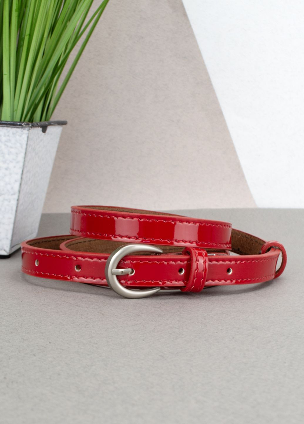 Ремень кожаный женский PS-1570 (125 см) красный лаковый узкий Puos (361639622)