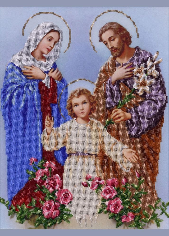 Набір для вишивки бісером "Святе сімейство" ікона, релігія, бог, квіти, діти, часткова викладка 20x26 см ВДВ (294613838)