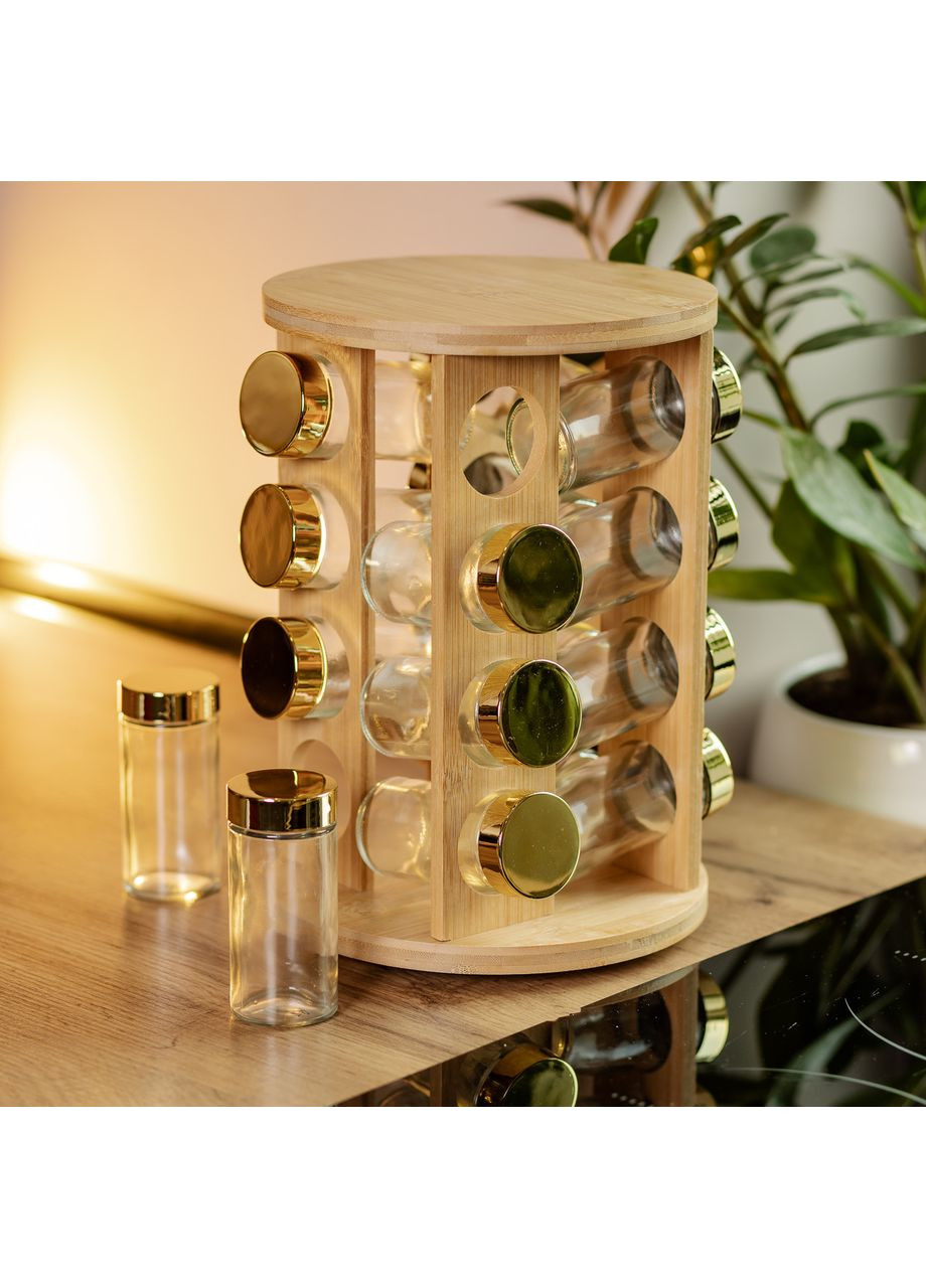 Набор для специй на деревянной подставке 16 стеклянных емкостей для приправ удобный органайзер для кухни ProDobro (364190926)