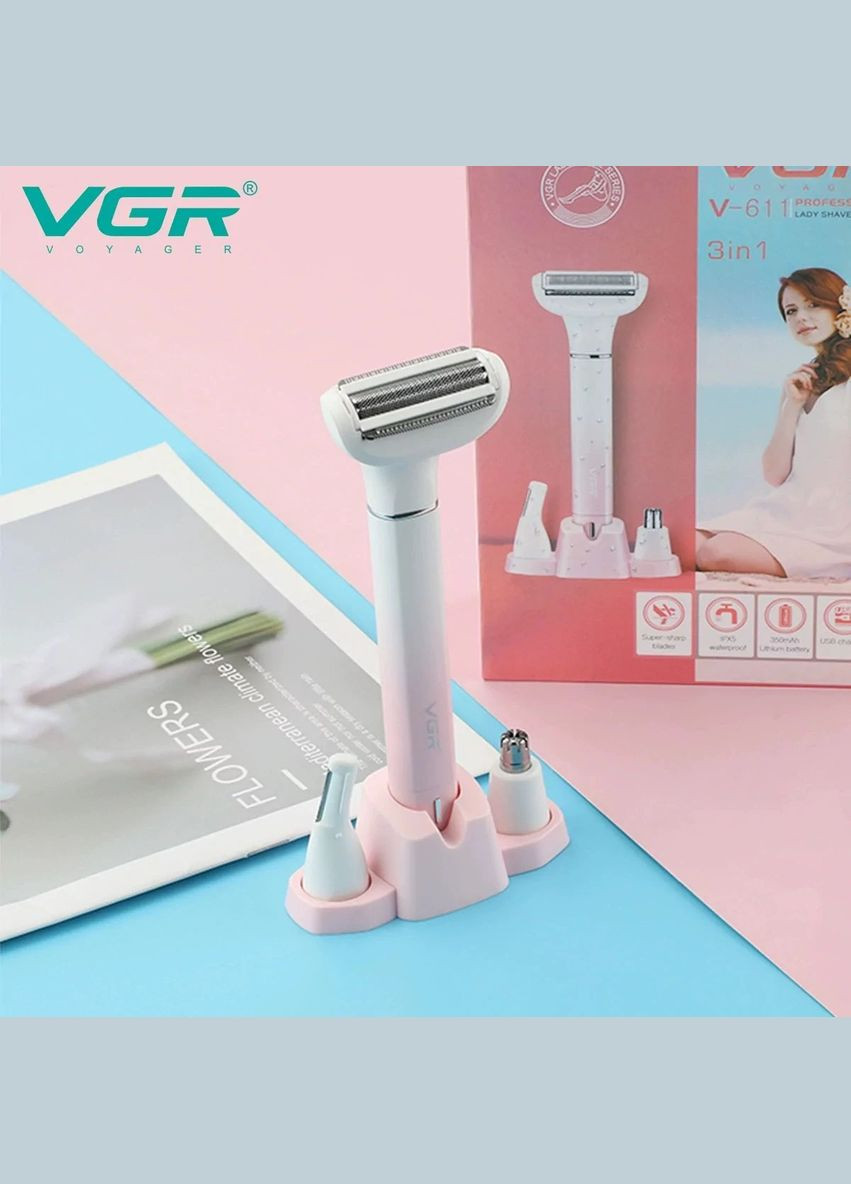 Жіночий тример для видаленя небажаного волосся з зони бікіні та інших частин тіла V-611 з чотирма змінними насадками (5024543) VGR (322313136)