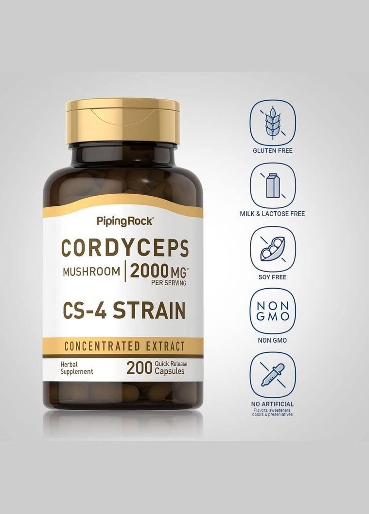 Гриб кордицепс Cordyceps Mushroom, 2000 mg (per serving), 200 Quick Release Capsules Piping Rock (278797477)