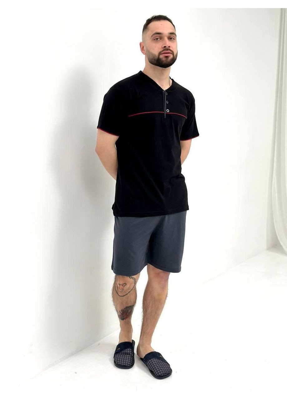 Чоловіча котонова піжама чорна з графітовими шортами / Домашній чоловічий костюм з коротким рукавом чорний-графіт No Brand (367610215)