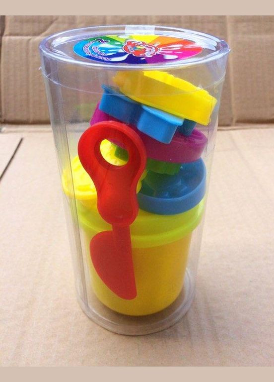 Пластилін 4 кольори (баночки з кришкою)+формочки в колбі 8/15/8см, 12шт. у дисплеї, 32,5/24,5/19см Окто (301648504)