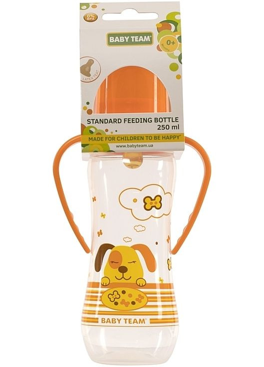 Бутылочка для кормления с латексной соской и ручками "Собачка", 250 мл, 0+, оранжевая 250ml (1237123-31103726) Baby Team (368616306)