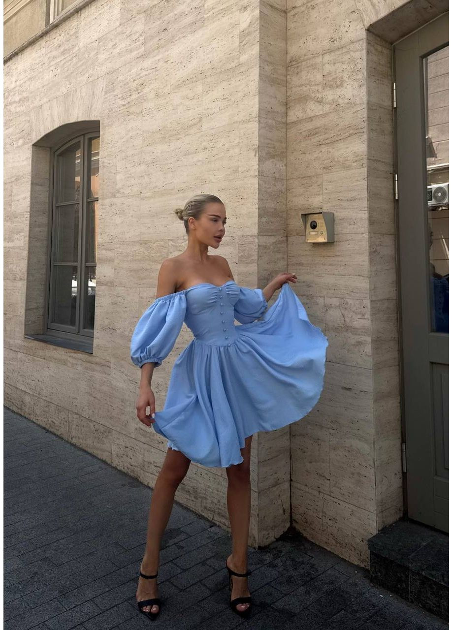 Блакитна кежуал розкішна жіноча сукня з відкритими плечима з пишною спідницею, з відкритими плечима, з відкритою спиною Україна однотонна