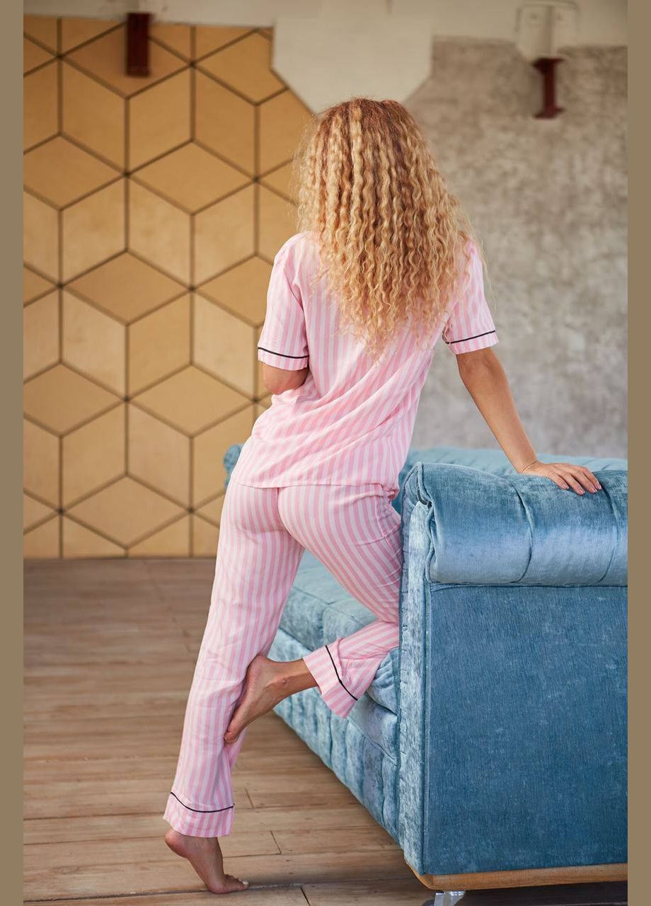 Розовая всесезон стильная пижама в розовую полоску рубашка + брюки No Brand
