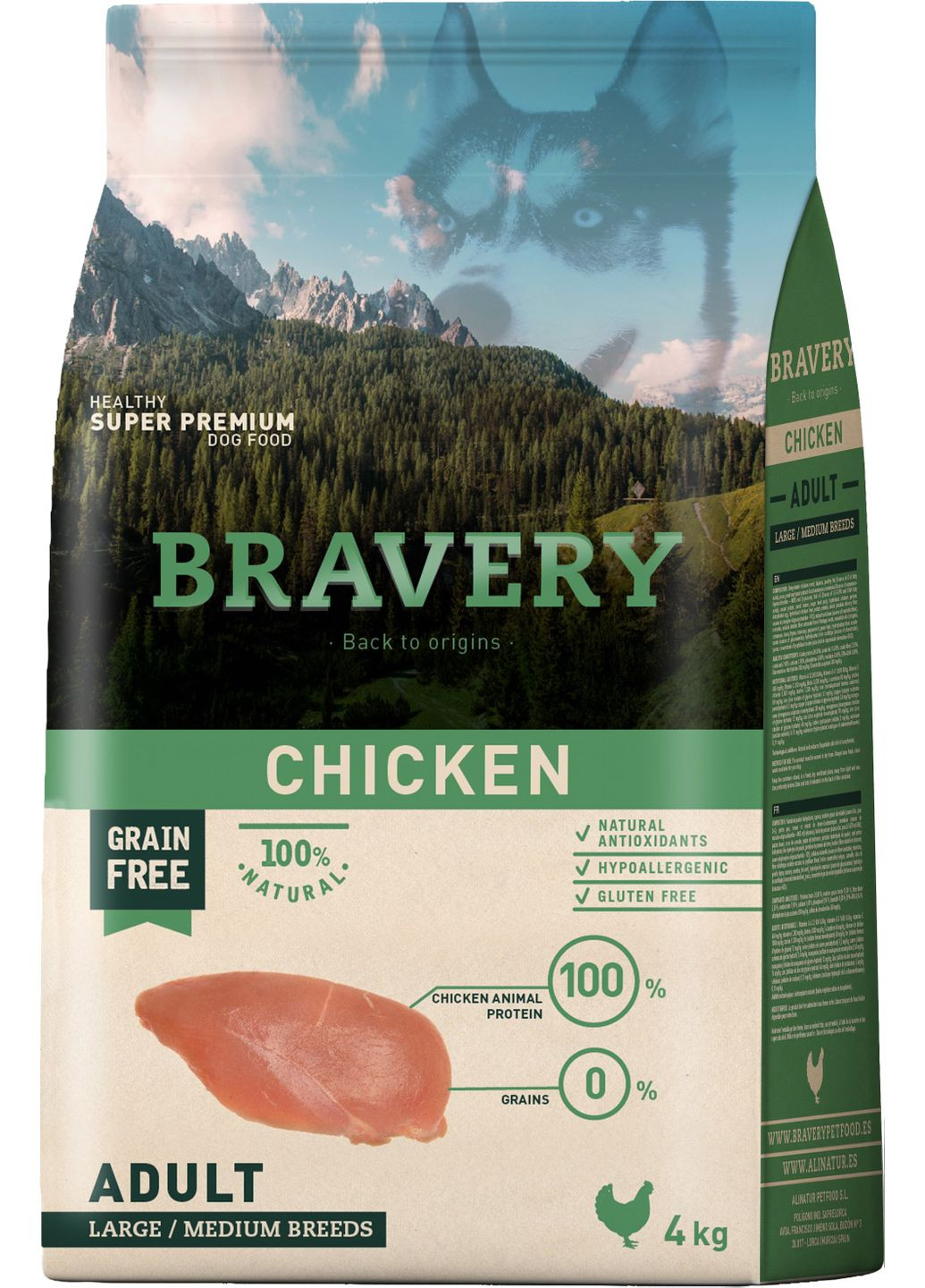 Сухой корм Chicken Adult Large/Medium для взрослых собак средних и крупных пород с курицей 4 кг (8436538946633) Bravery (316226724)