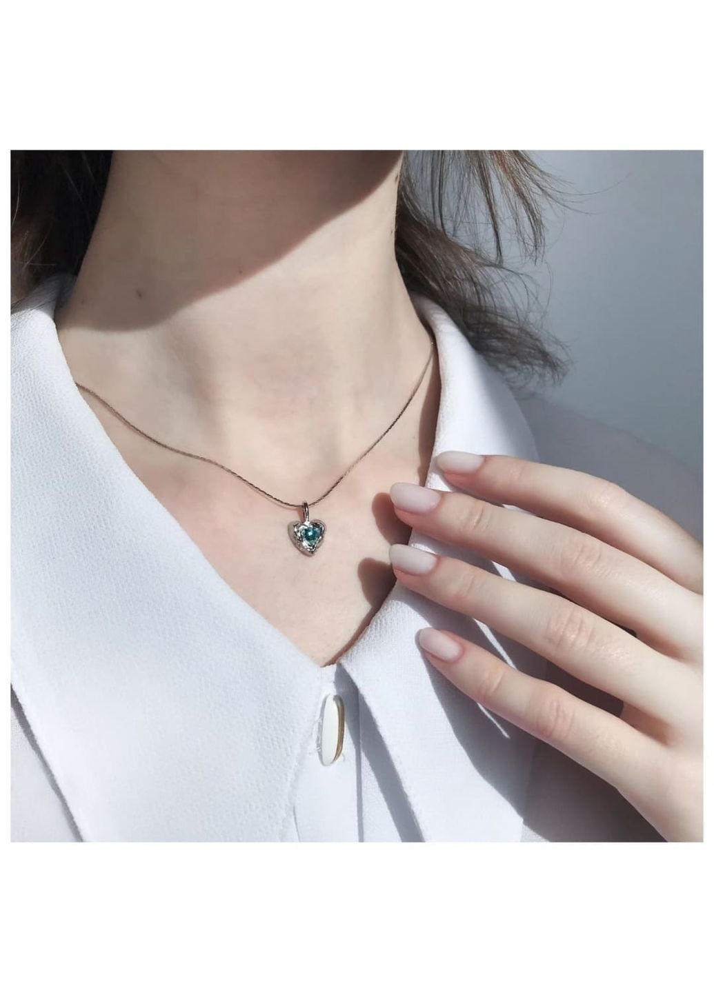 Ланцюжок елегантний сріблястий з кулоном Зледеніле Серце і магічним блакитним кристаликом корейська естетика фентезі fairycore No Brand (315502001)