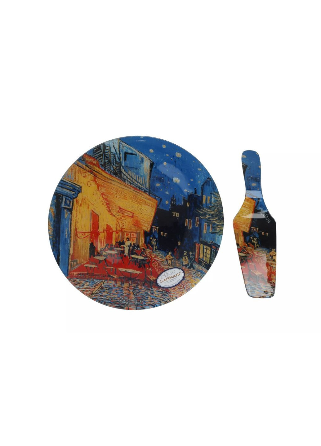 Скляна тарілка для торта з лопаткою Ван Гог Нічна тераса в кафе d-30 см(198-1227) Carmani (349832067)