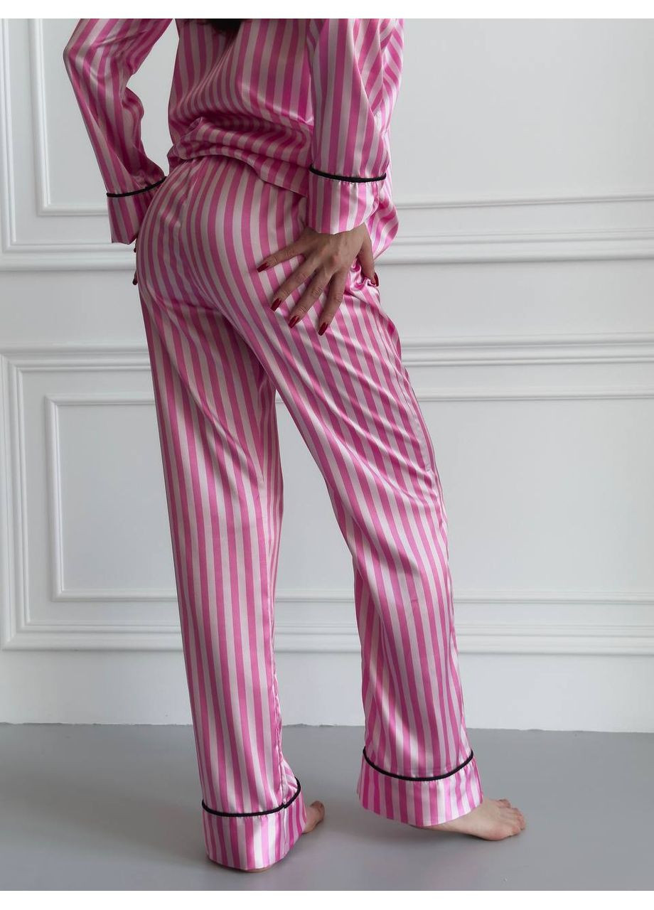 Розовая сатиновая пижама в яркую полоску, l рубашка + брюки No Brand
