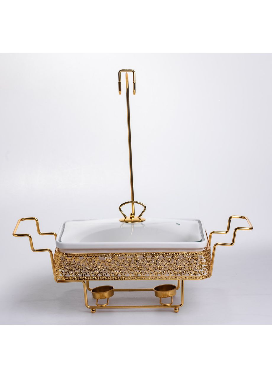 Мармитница настольная фарфоровая 3.5 литра мармит прямоугольный на подставке Белый с золотом YL-77 Yiwu (373995150)