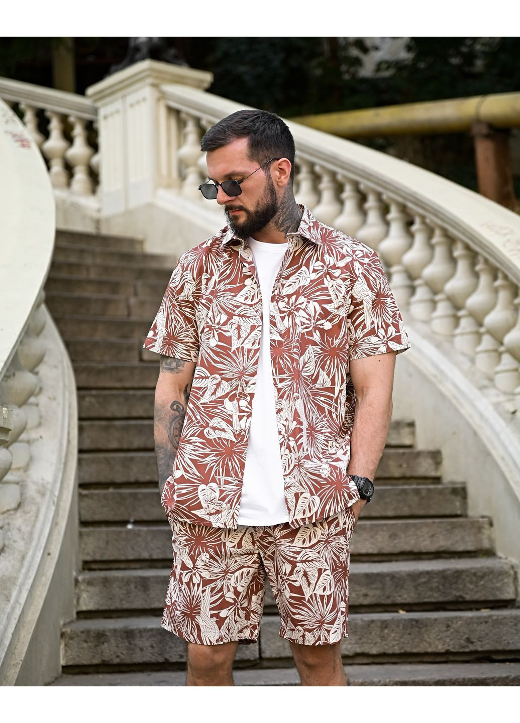 Стильный мужской костюм гавайский шорты+рубашка бордовый Freedom (350313700)