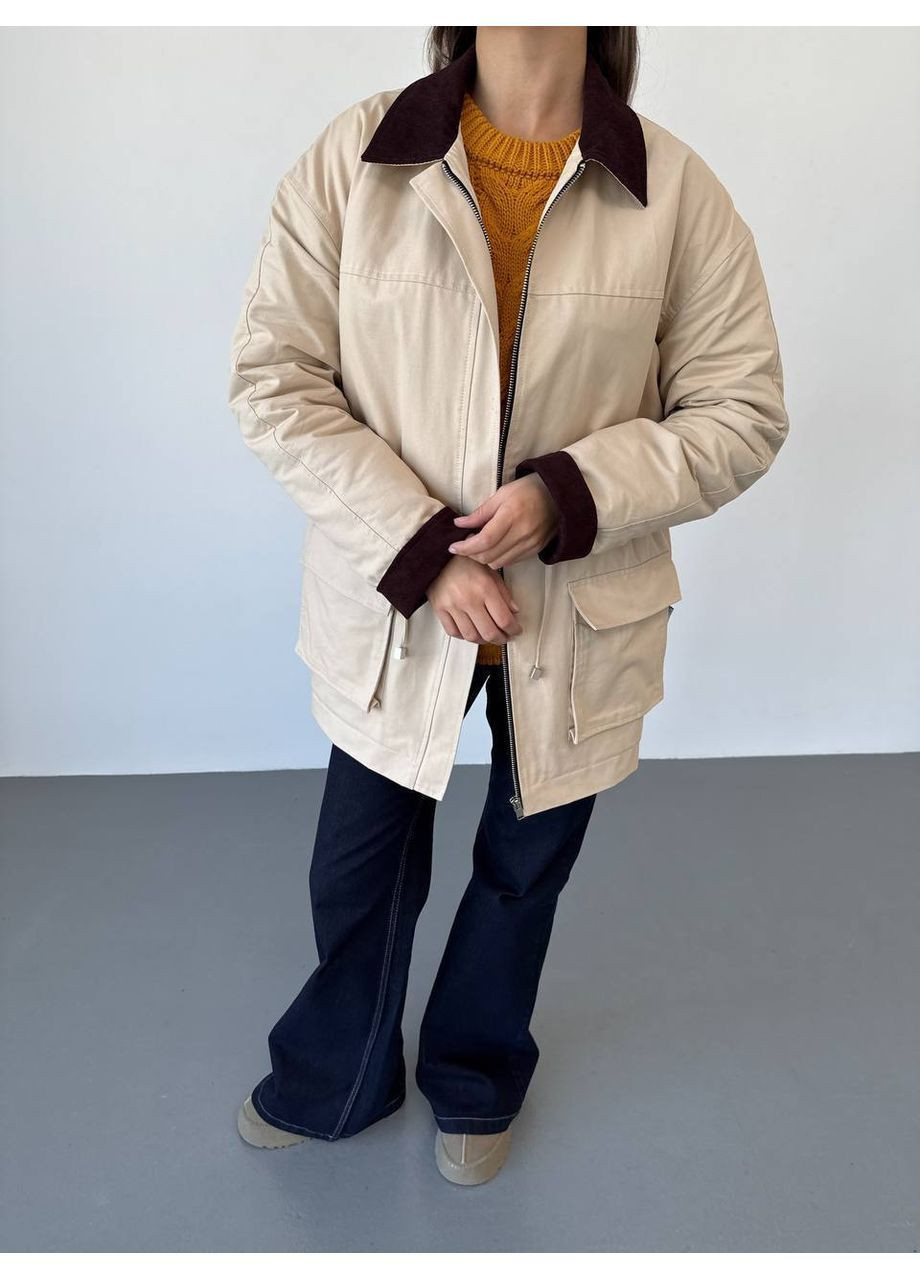 Бежева демісезонна жіноча куртка демісезонна подовженого крою MonCher