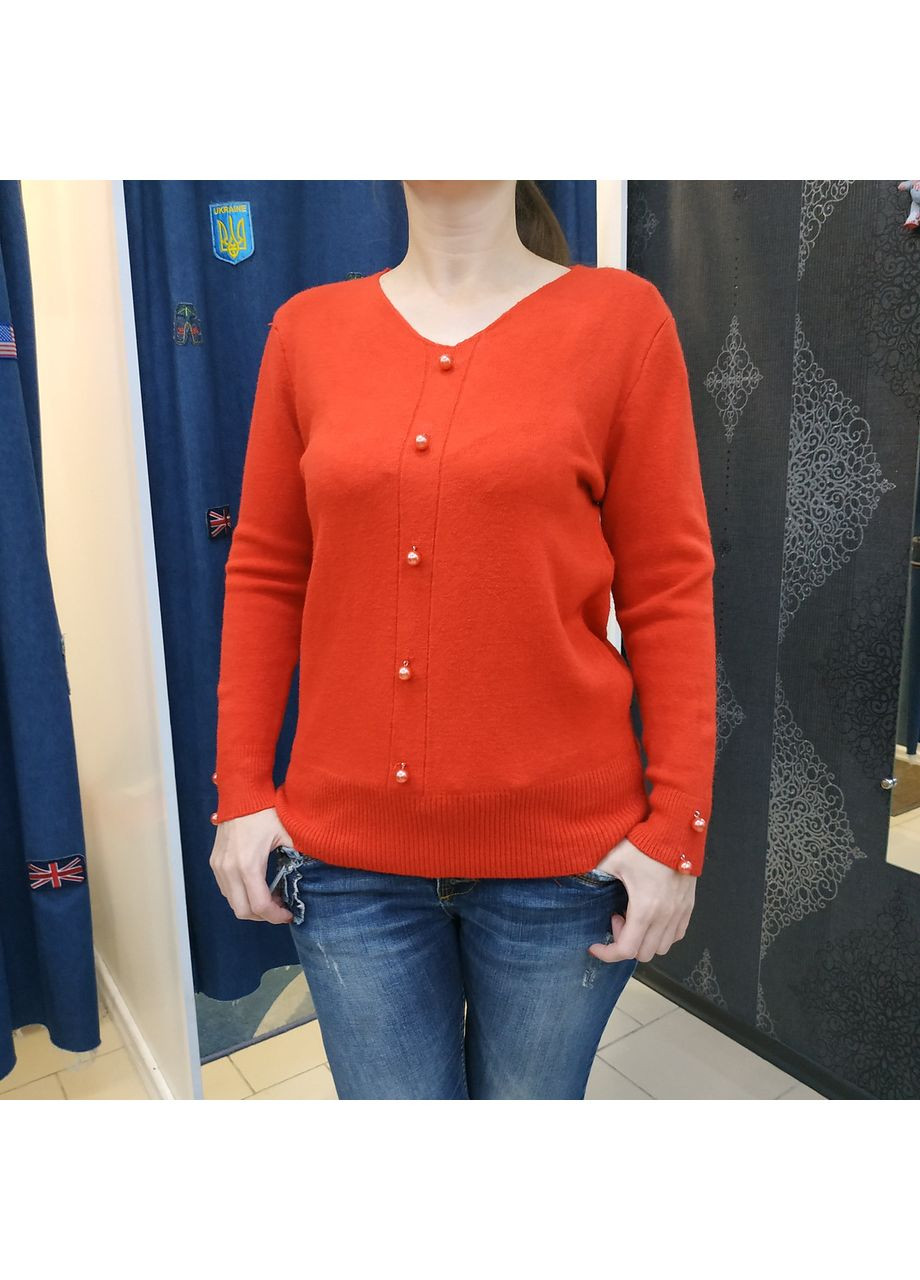 Красный демисезонный свитер женский теплый мыс v-образный вырез пуговицы m-l No Brand