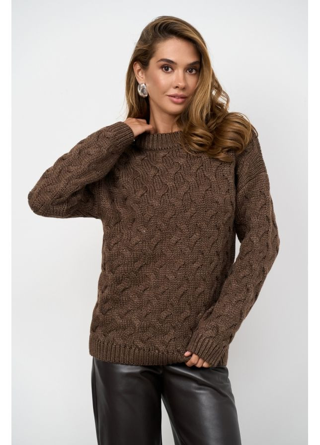 Коричневий демісезонний жіночий напіввовняний светр із ажурним візерунком (2882) Triko Bakh