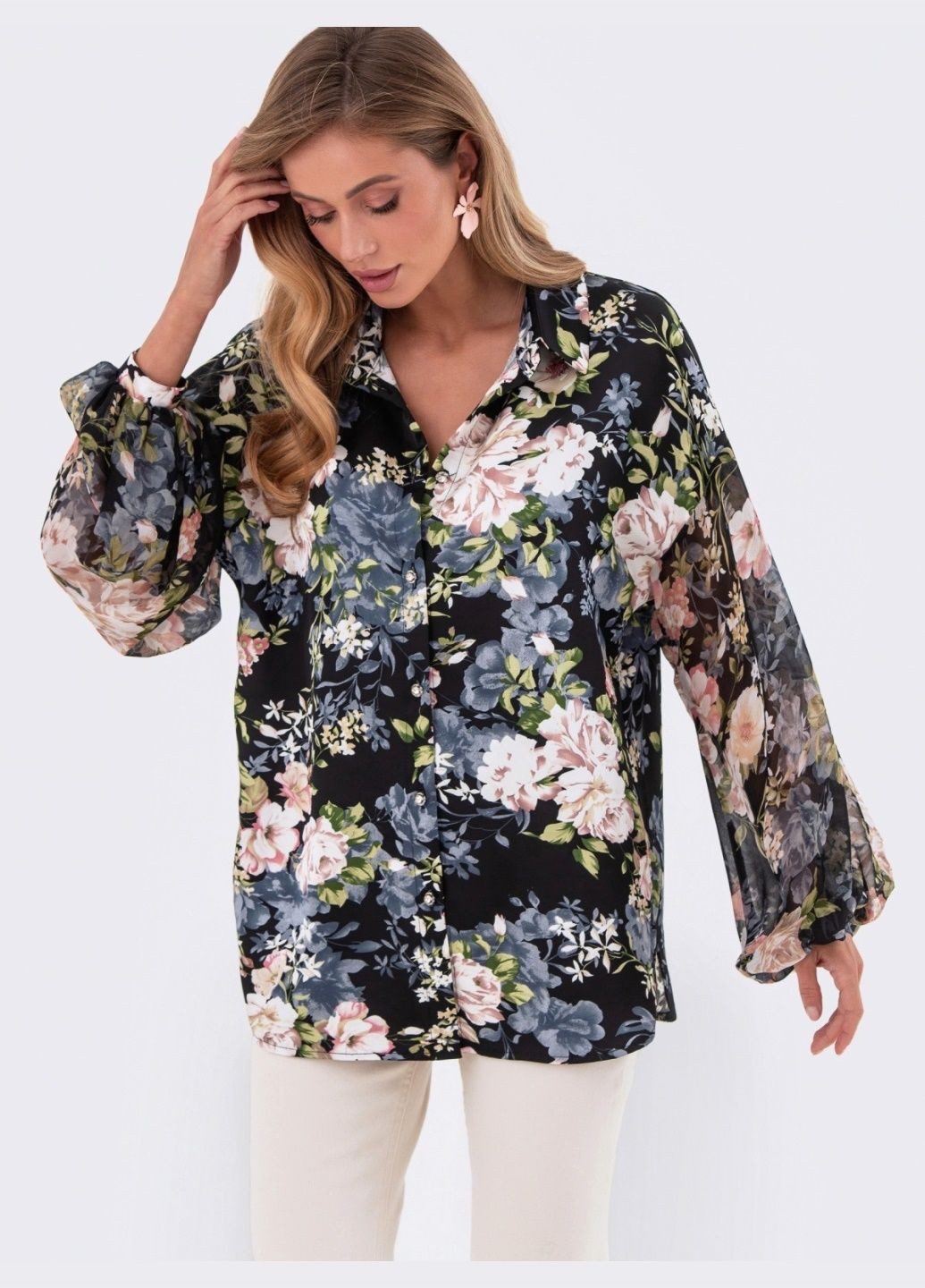 Чорна чорна блузка в квітковий принт з рукавами із шифону Dressa