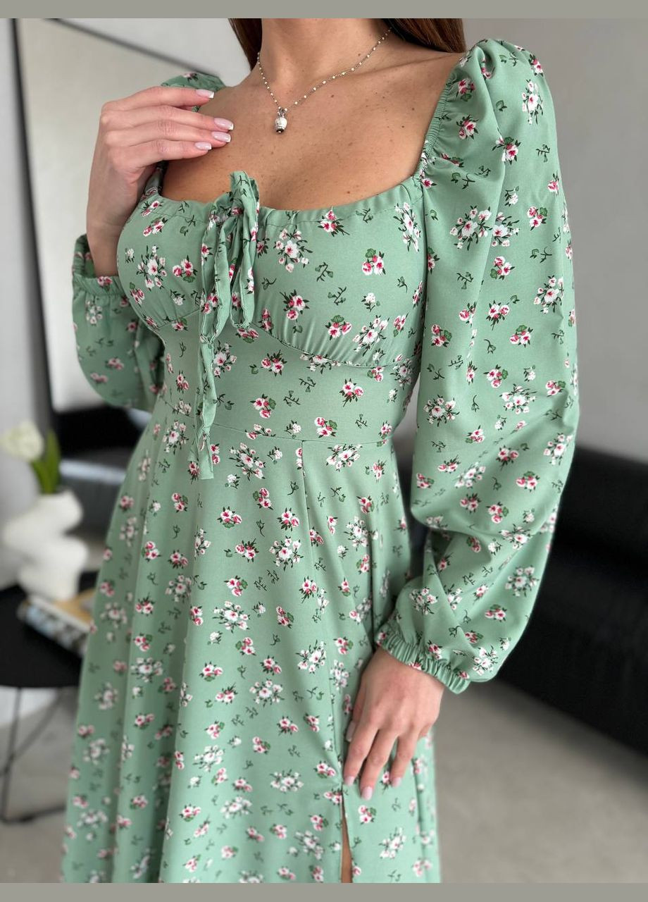 Оливковое кэжуал женское платье софт No Brand с цветочным принтом