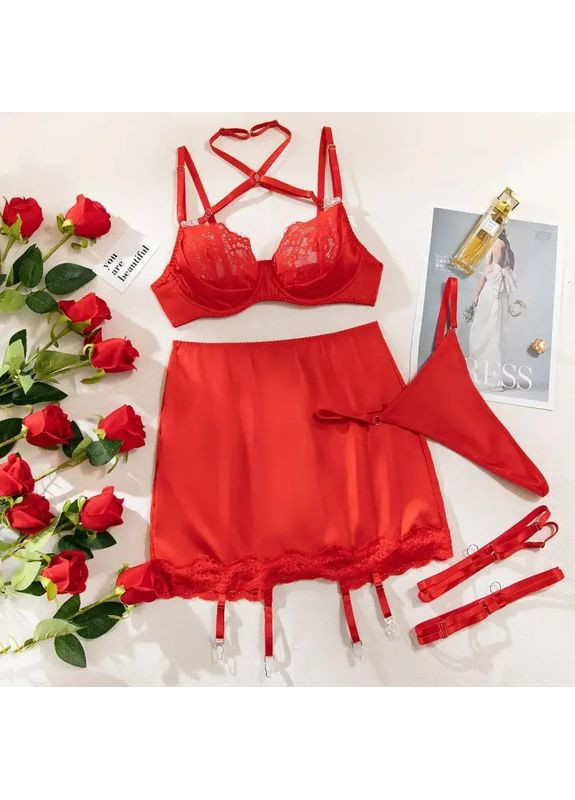 Червоний демісезонний еротичний комплект з бюстгальтером, стрінгами та спідницею з підв’язками No Brand Комплект білизни