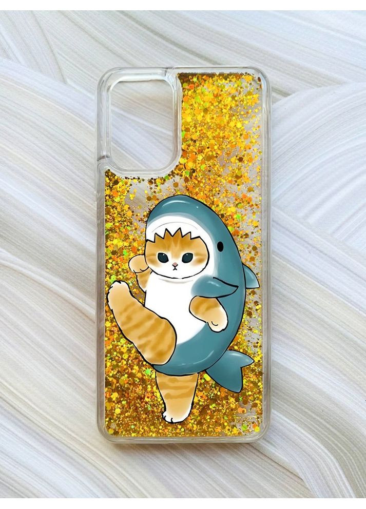 Чехол с плавающими блестками на Xiaomi Redmi Note 10/Note 10s Золотой:: Котик акула (принт 380) Creative (360661683)