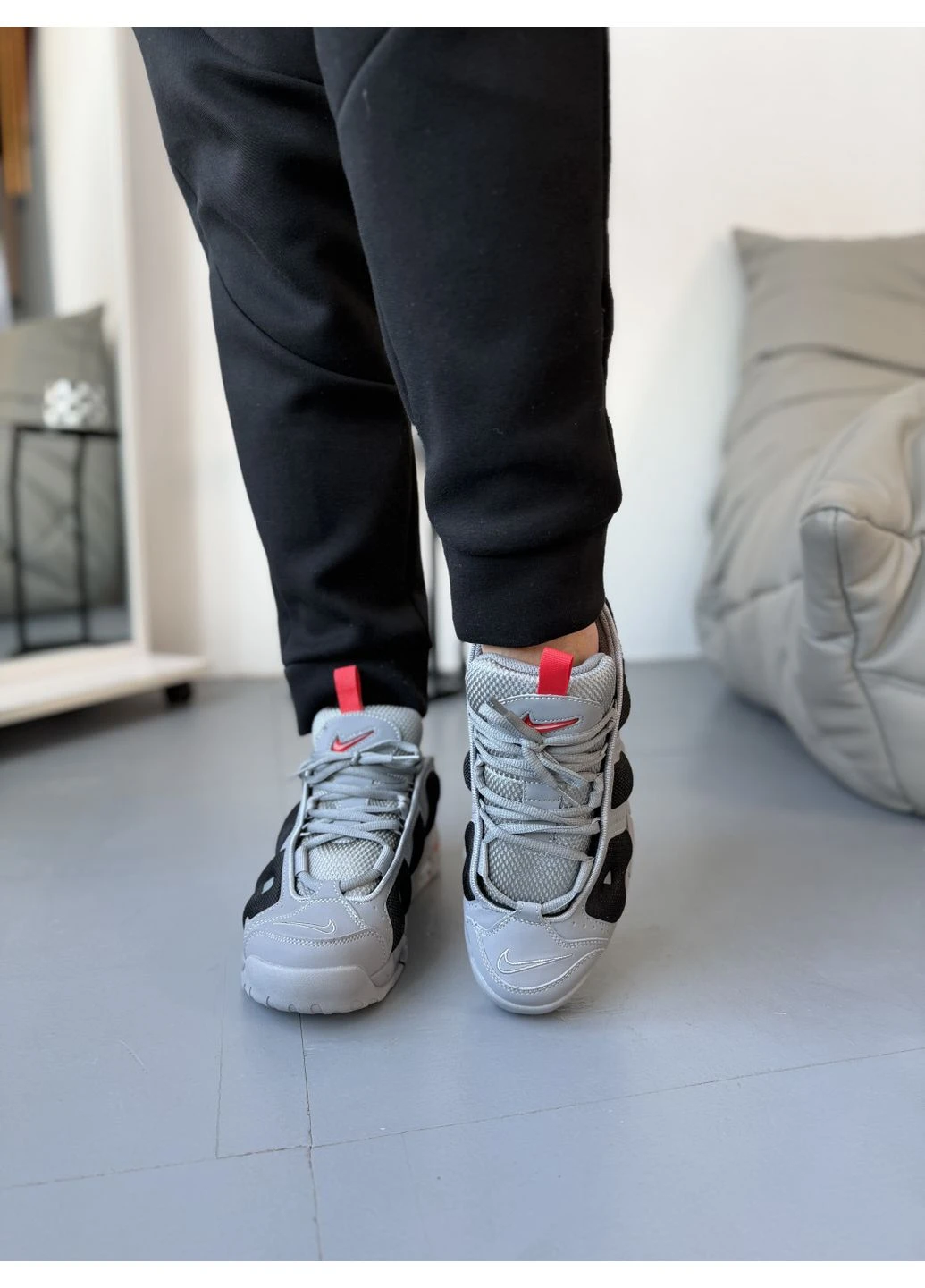 Черные демисезонные кроссовки мужские nike air more uptempo low grey black найк аир мор уптемпо черные No Brand