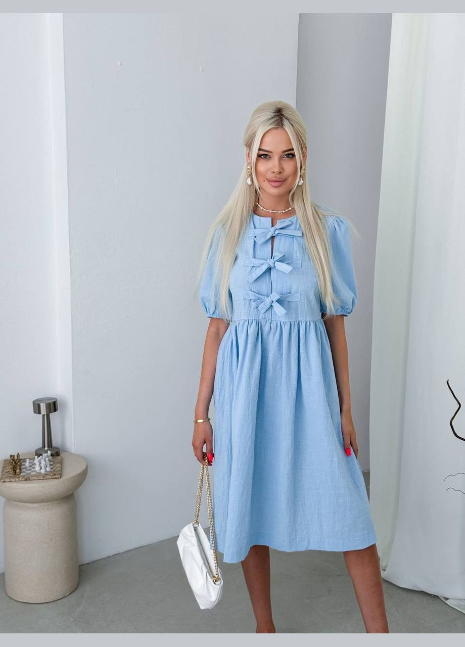 Голубое повседневный, праздничный женское летнее льняное платье миди оверсайз Style Point однотонное