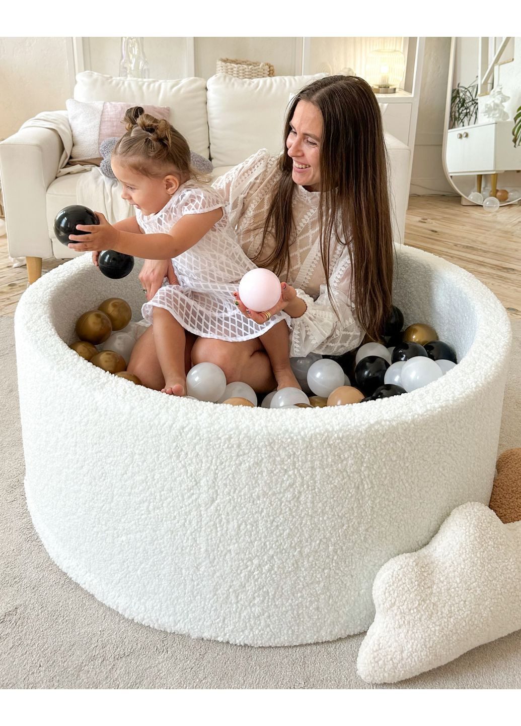 Дитячий сухий басейн з хутра Тедді білий 100х40 см з 300 кульками JoyfulKids (369965045)