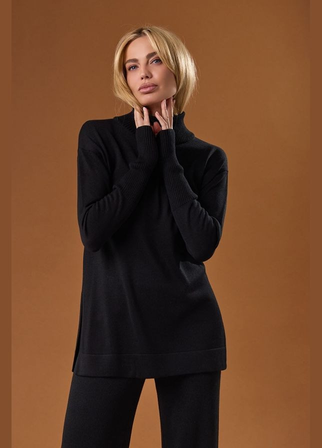 Черный демисезонный женский удлиненный джемпер из вискозной пряжи с поясом (2706) Triko Bakh