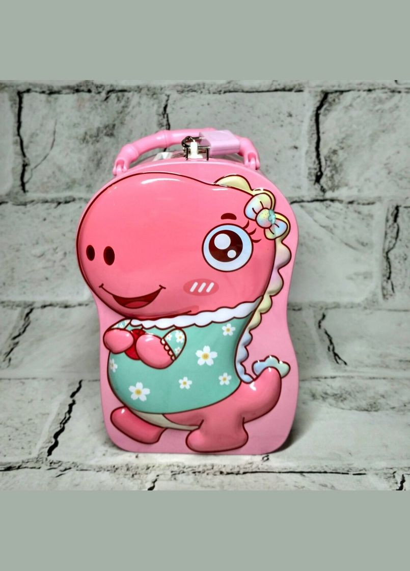 Скарбничка для грошей дитяча для дівчинки Динозавр металева із замочком 16,5х10,5х7 см Рожева No Brand (325428419)