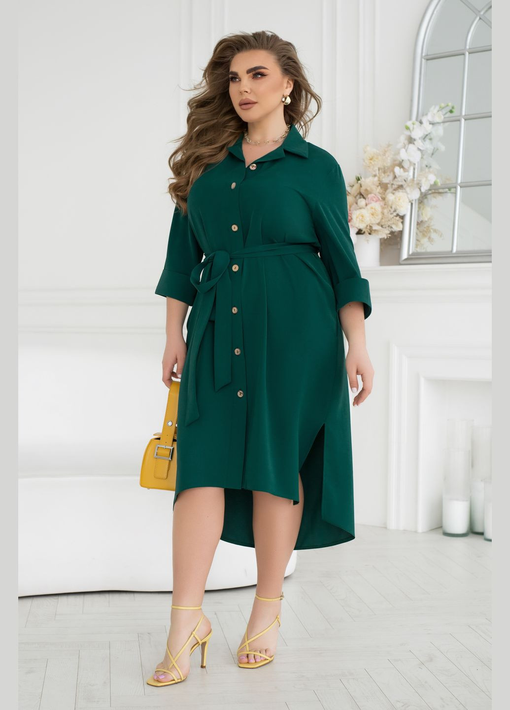 Зелена ділова сукня-сорочка з поясом сорочка No Brand однотонна