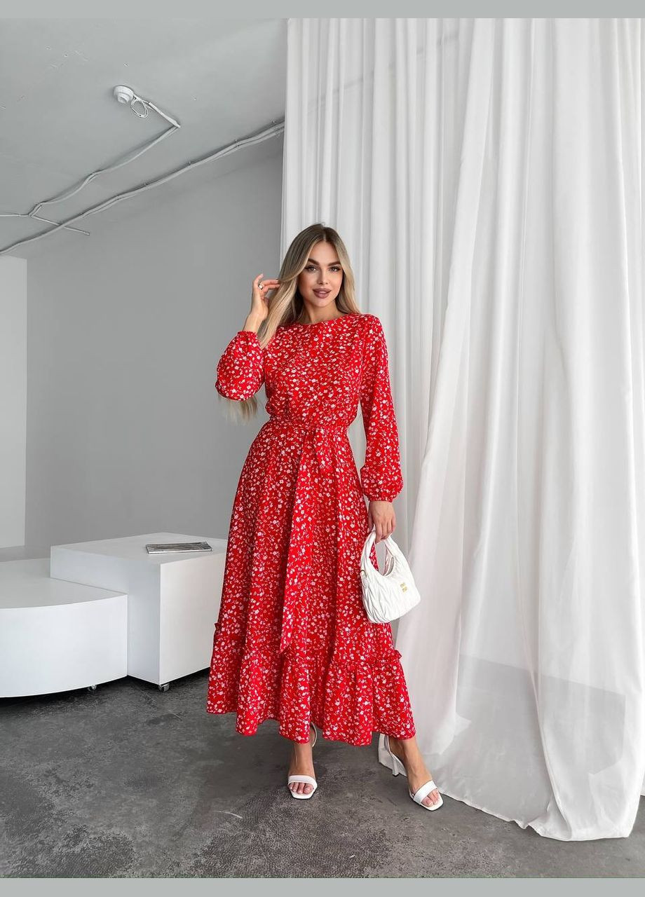 Красное кэжуал женское легкое платье миди клеш Україна с цветочным принтом