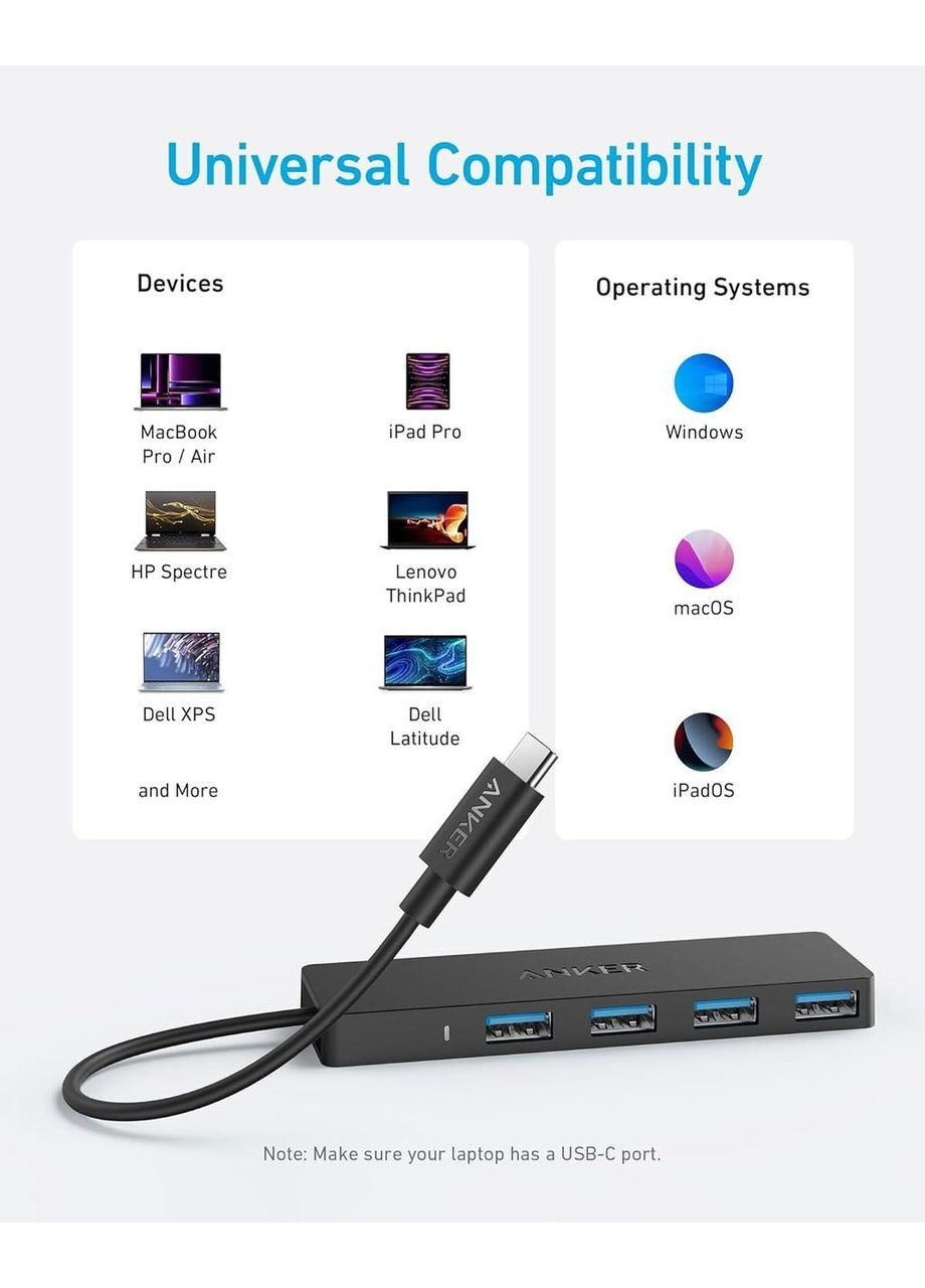 USB-хаб USB-C to USB 3.0 Hub 4 Ports, 0.6м, (A8309) Anker (370080376)