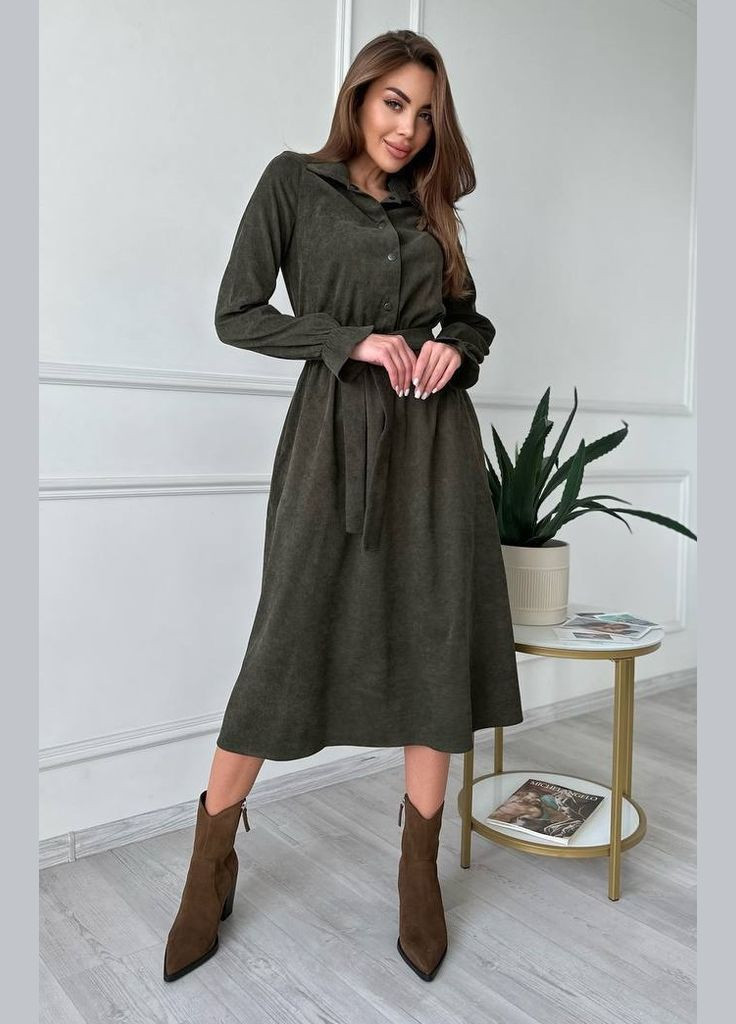 Серое платье миди с поясом и карманами No Brand