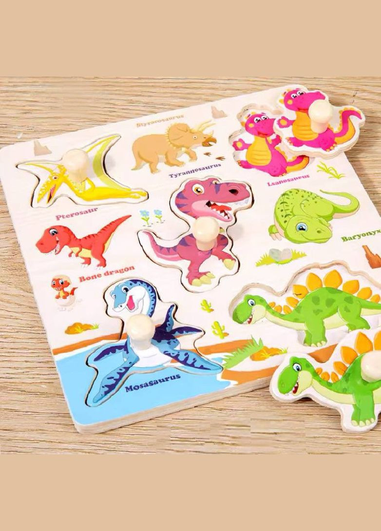 Дерев'яні пазли вкладиші С 68308 Динозаврики, з малюнком під вкладишем Fun Game (327216832)