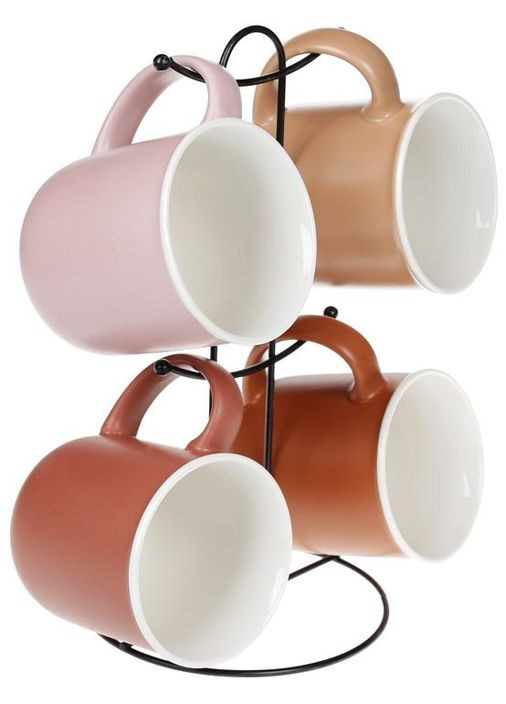 Набор фарфоровых кружек 4 шт 380 мл с подставкой терракотовые для чая и кофе цветные кружки для дома Bona (368987330)