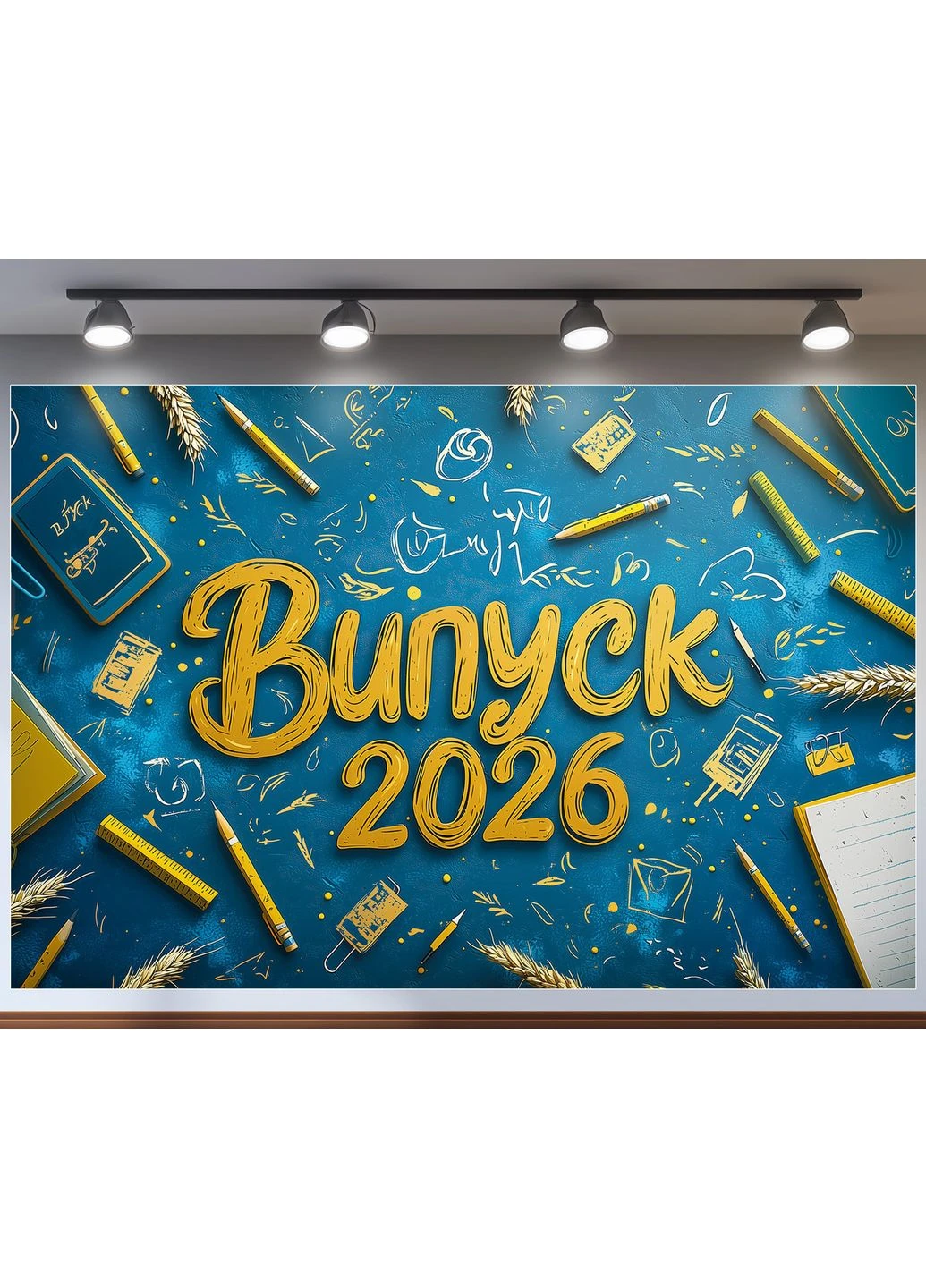 Стильний банер Випуск 2026 на синьому фоні з канцелярією та золотим колоссям фотозона 180x120см, №41309 Vinylpex (360979746)