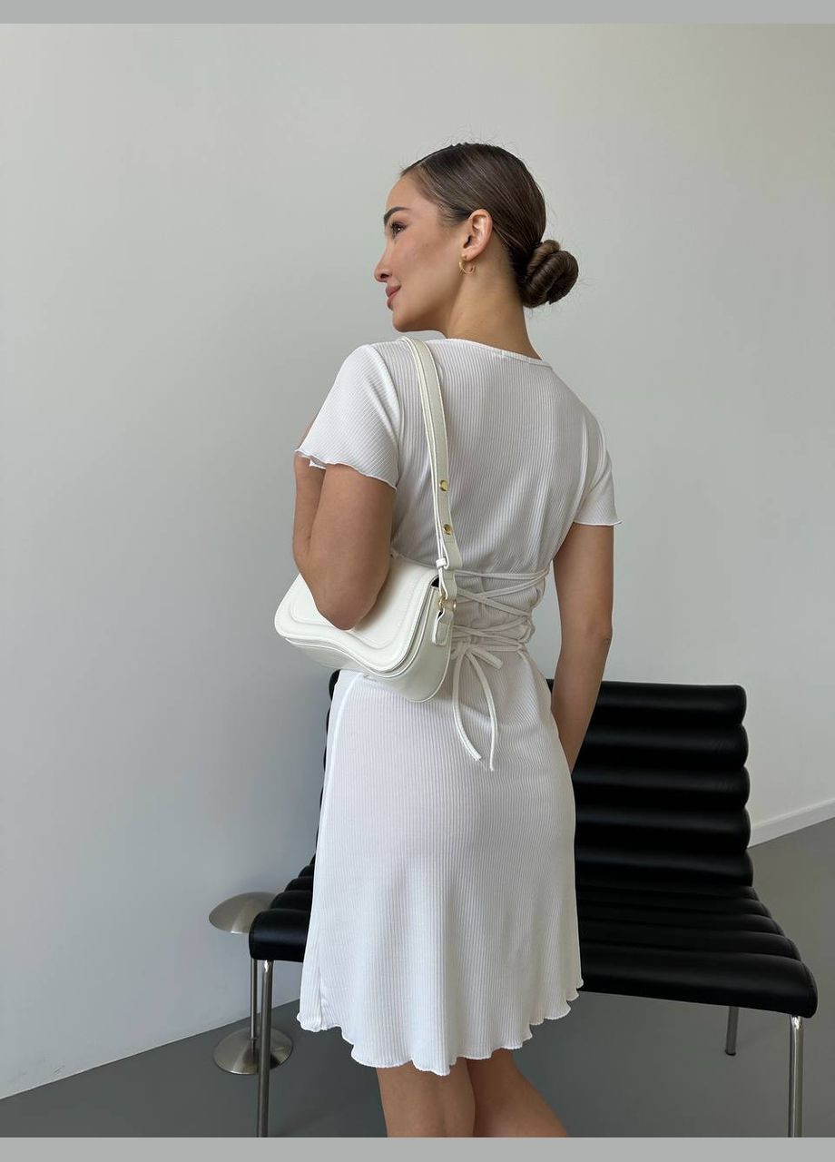 Білий повсякденний, кежуал легка міні сукня в рубчик зі стильною шнурівкою по спинці Vakko однотонна