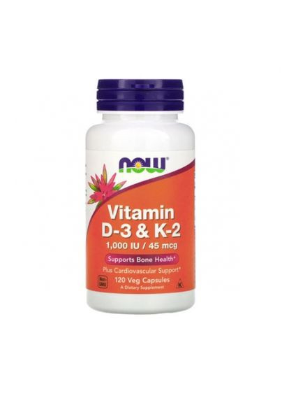Вітамін Д3 і К2, Vitamin D3 & K-2,, 1000 МЕ/45 мкг, 120 капсул (NOW-00369) Now Foods (266038921)