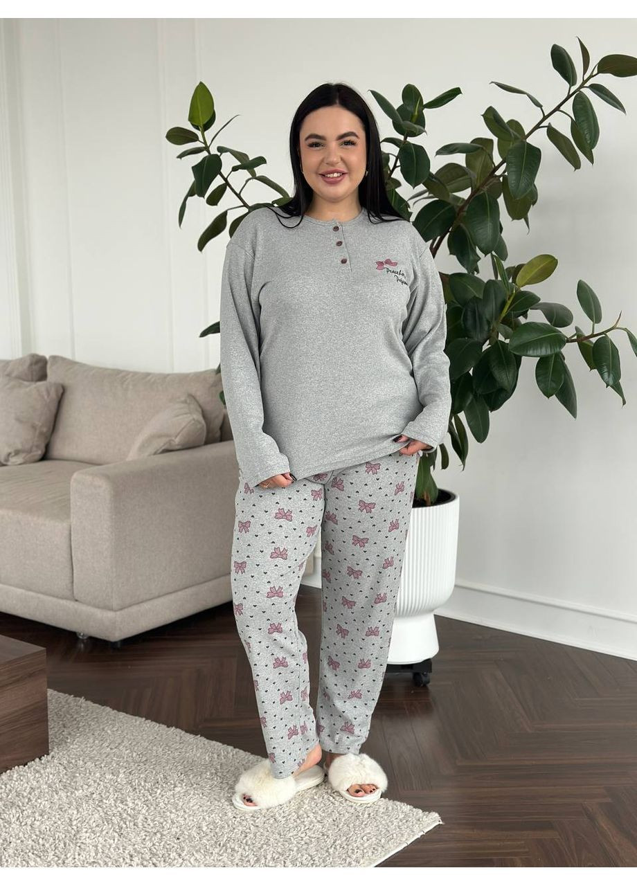 Сіра всесезон піжама жіноча домашній костюм plus size лонгслів + брюки No Brand