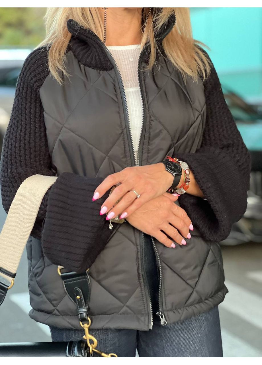 Чорна демісезонна жіноча куртка з в’язаними рукавами — заміри в описі куртка-пальто GD/GL Модний простір