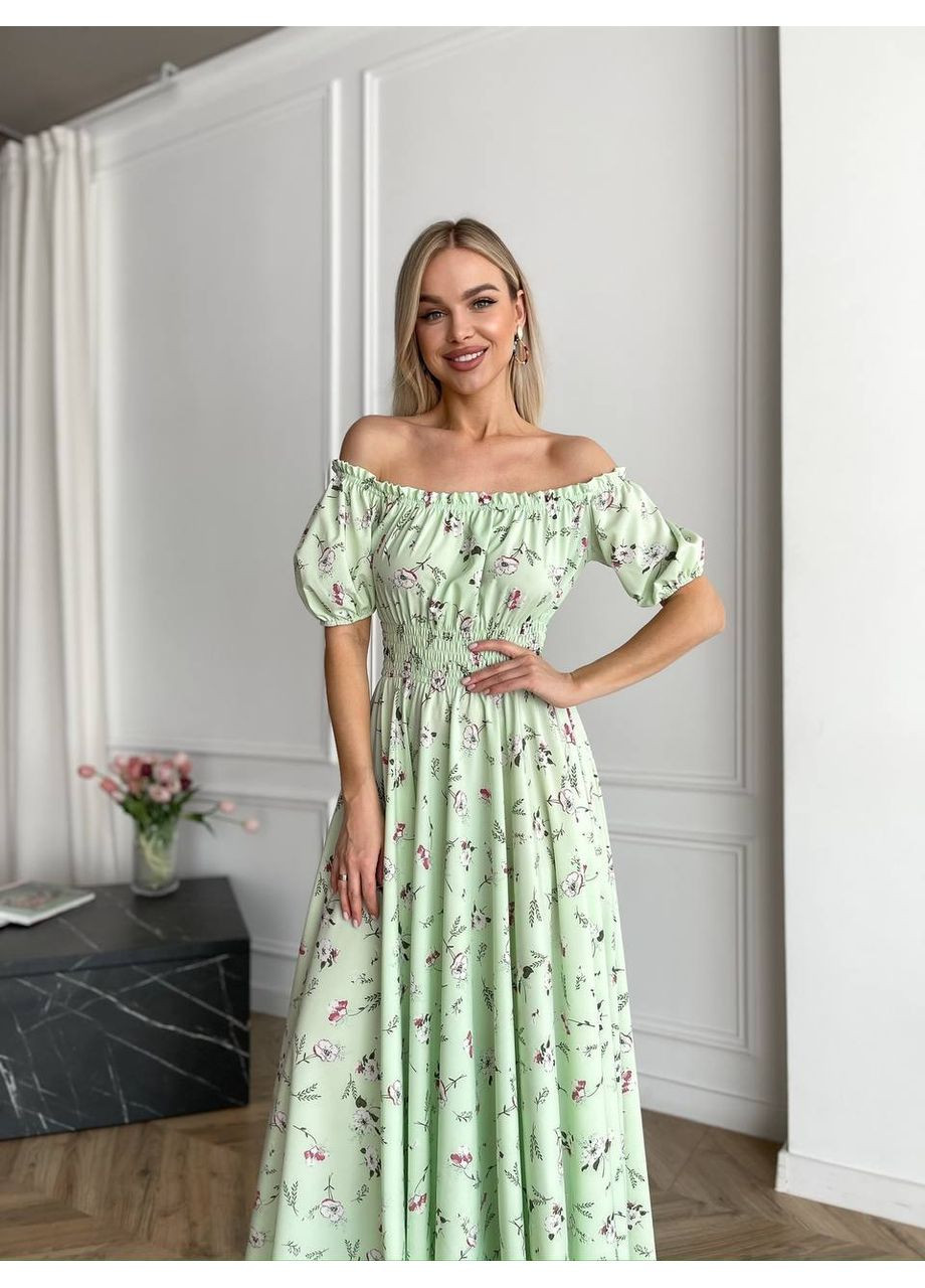 Фісташкова святковий, повсякденний, вечірня, пляжна, кежуал жіноча довга сукня з відкритими плечима Vakko з квітковим принтом