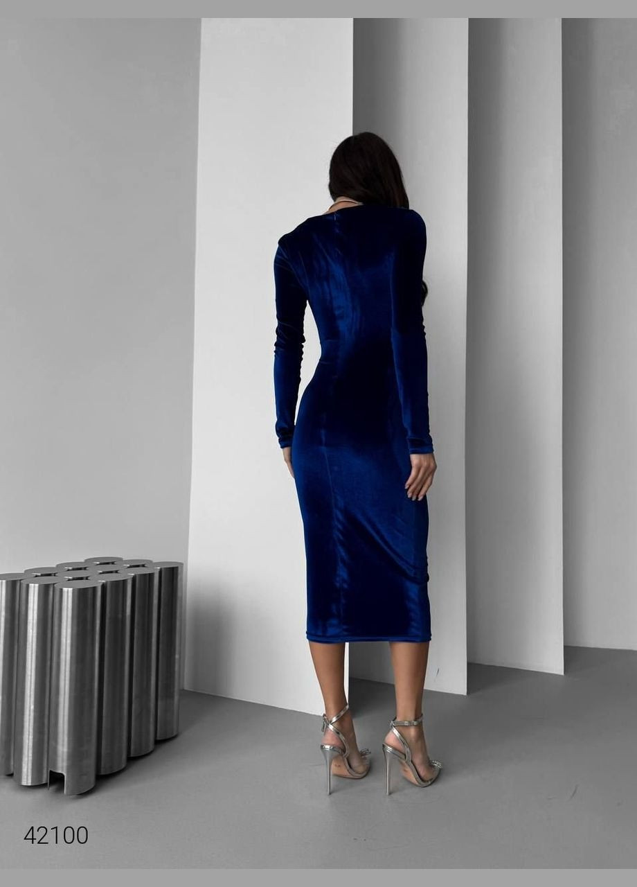 Синя вечірня вечірня сукня з оксамиту довжини міді Liton