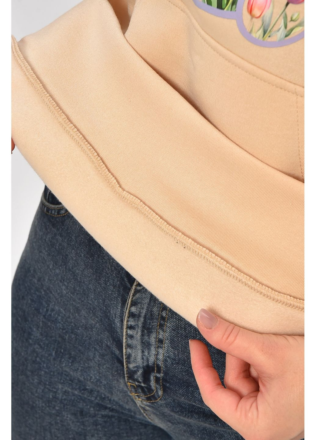 Бежевий худі жіноче на флісі бежевого кольору з принтом Let's Shop напис без декору (365776068)