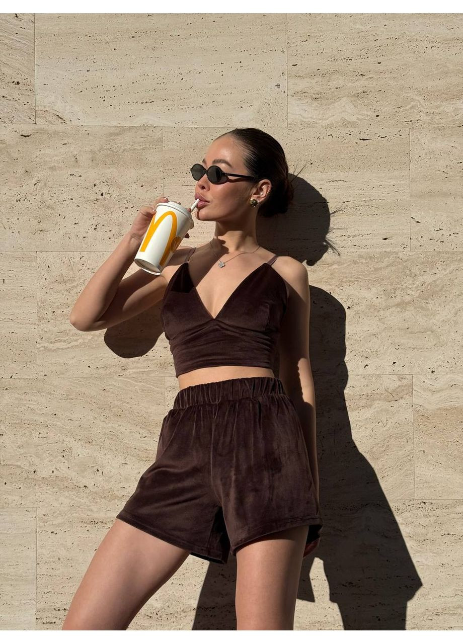 Коричневая всесезон женская пижама (топ и шорты) топ + шорты Україна