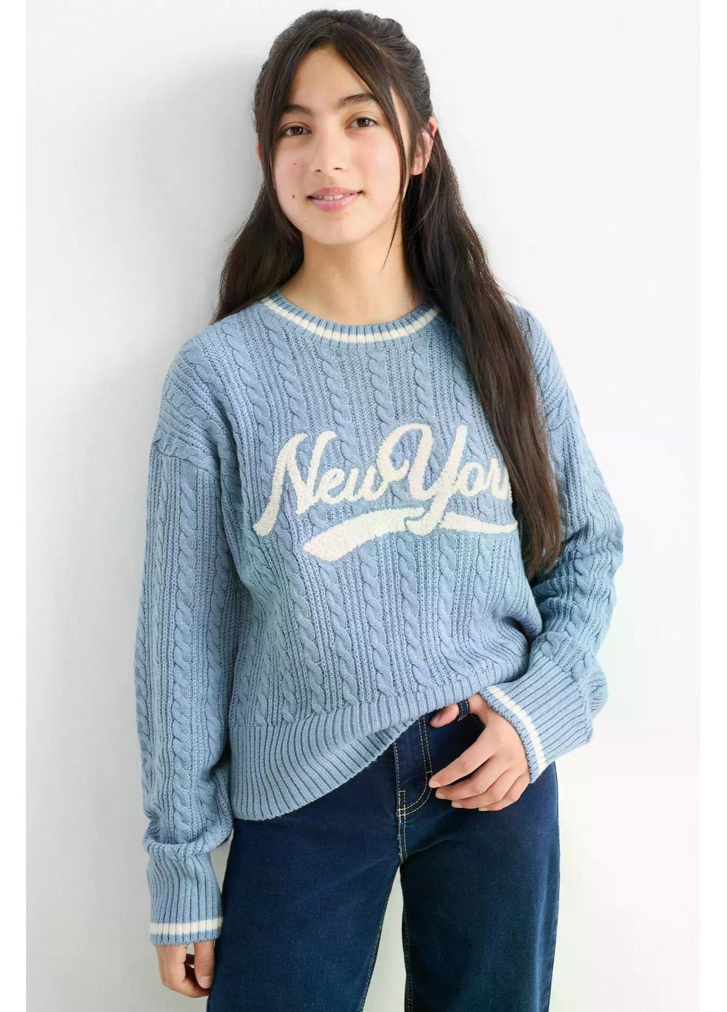 Голубой демисезонный детский вязаный свитер для девочки 128 см голубой (25082735) джемпер C&A