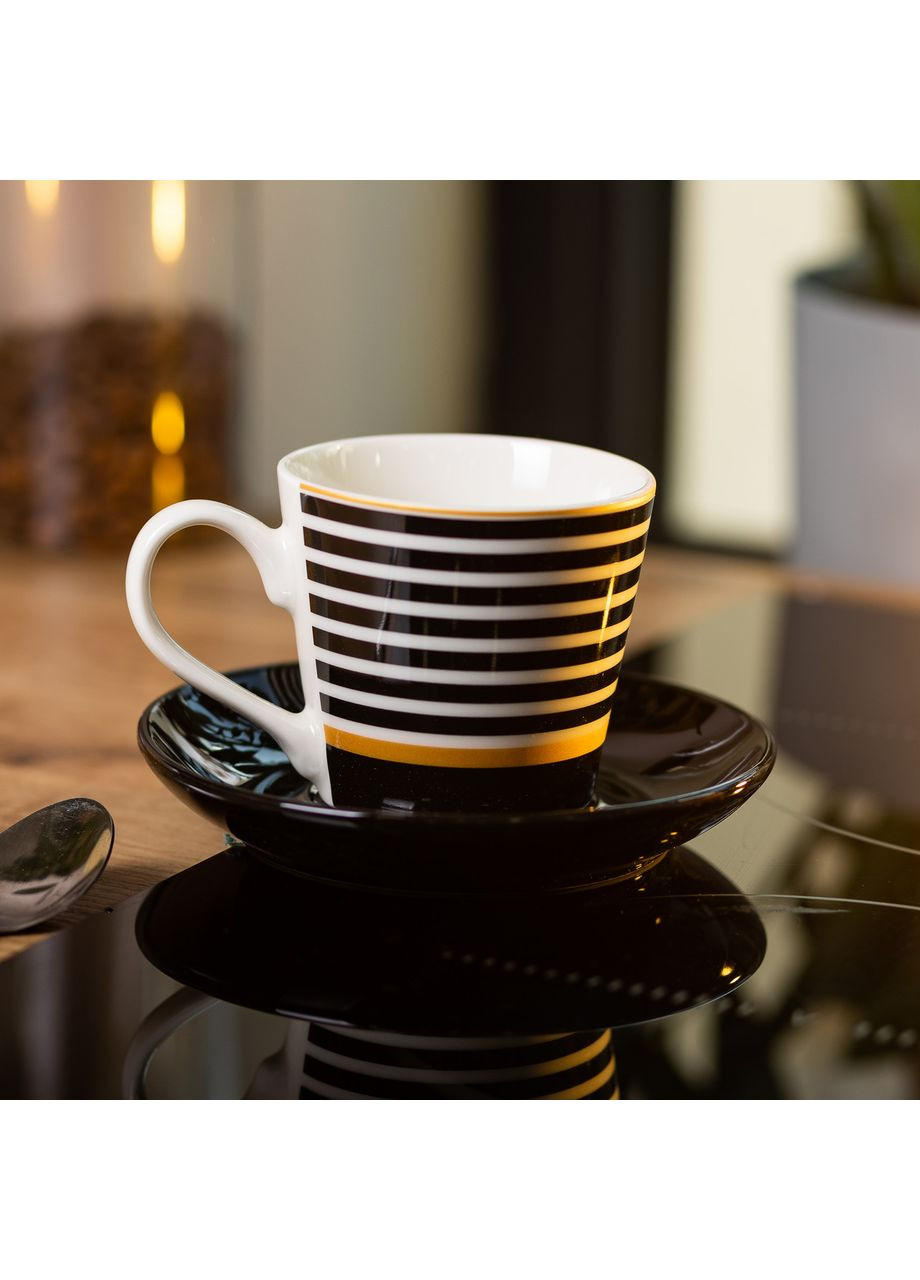 Фарфоровая чашка с черным блюдцем 200 мл для кофе и чая стильная посуда с геометрическими узорами ProDobro (364193261)